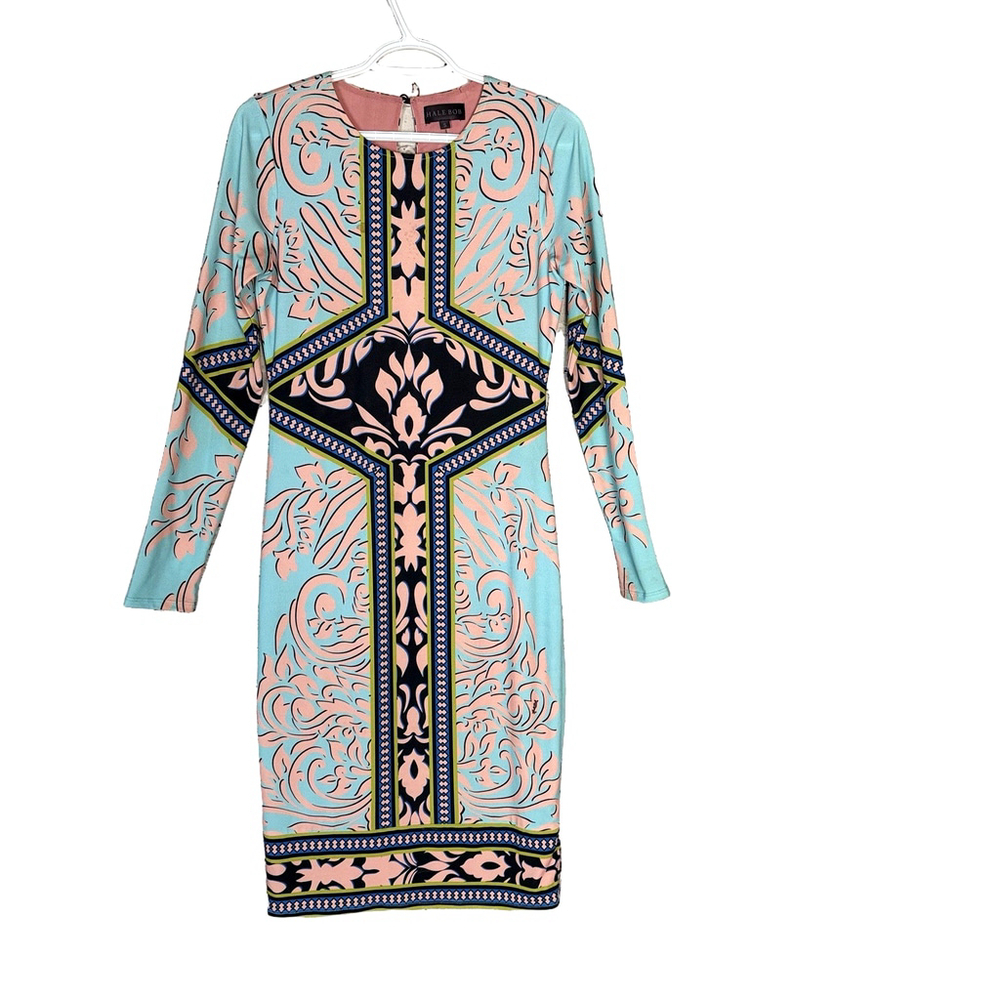 Hale Bob Women's Long Sleeve Light Blue with Pink and Black Dress